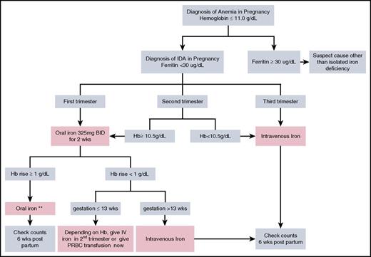 Figure 1. Algorithm of suggested approach to diagnosis and management of iron-deficiency anemia in pregnancy. **Oral iron treatment should not be interrupted once normal Hb values are achieved, but rather supplementation should continue to replenish iron stores (generally for at least 2-3 months, and until 6 weeks postpartum). BID, twice a day; IDA, iron-deficiency anemia; PRBC, packed red blood cells.