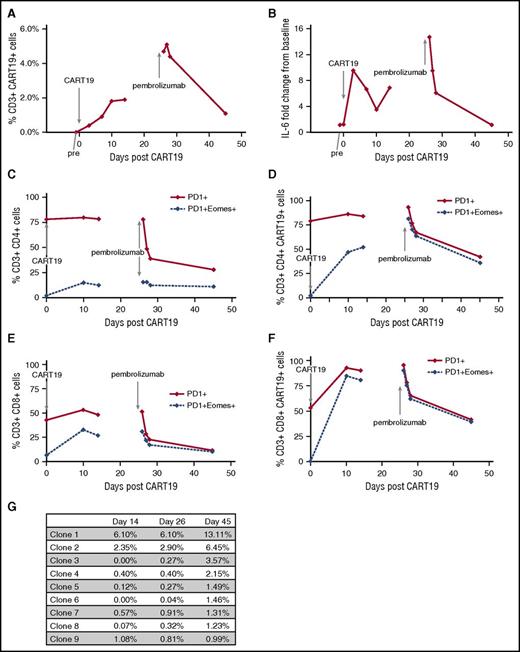Figure 2. Correlative studies examining changes in T-cell subsets and T-cell clones in relation to CART19 cell infusion and pembrolizumab infusion. (A) Percentage of CART19+CD3+ cells in peripheral blood. Percentage of CART19+ of CD3+ cells prior to CART19 infusion (pre), 3 days after CART19 infusion (day 3), 7 days after CART19 (day 7), 10 days after CART19 (day 10), 14 days after CART19 (day 14), 26 days after CART19 and 1 hour after pembrolizumab infusion (day 26), 27 days after CART19 and 1 day after pembrolizumab (day 27), 28 days after CART19 and 2 days after pembrolizumab (day 28), and 45 days after CART19 and 14 days after pembrolizumab (day 45). (B) Fold change from baseline in IL-6 serum levels. (C) Percentage of PD1+CD4+ cells and PD1+Eomes+CD4+ cells in peripheral blood. (D) Percentage of PD1+CD4+CART19+ cells and PD1+Eomes+CD4+CART19+ cells in peripheral blood. (E) Percentage of PD1+CD8+ cells and PD1+Eomes+C8+ cells in peripheral blood. (F) Percentage of PD1+CD8+CART19+ cells and PD1+Eomes+CD8+CART19+ cells in peripheral blood. (G) Changes in T-cell clones as determined by TCRβ deep sequencing (Adaptive Biotechnologies, immunoSEQ).