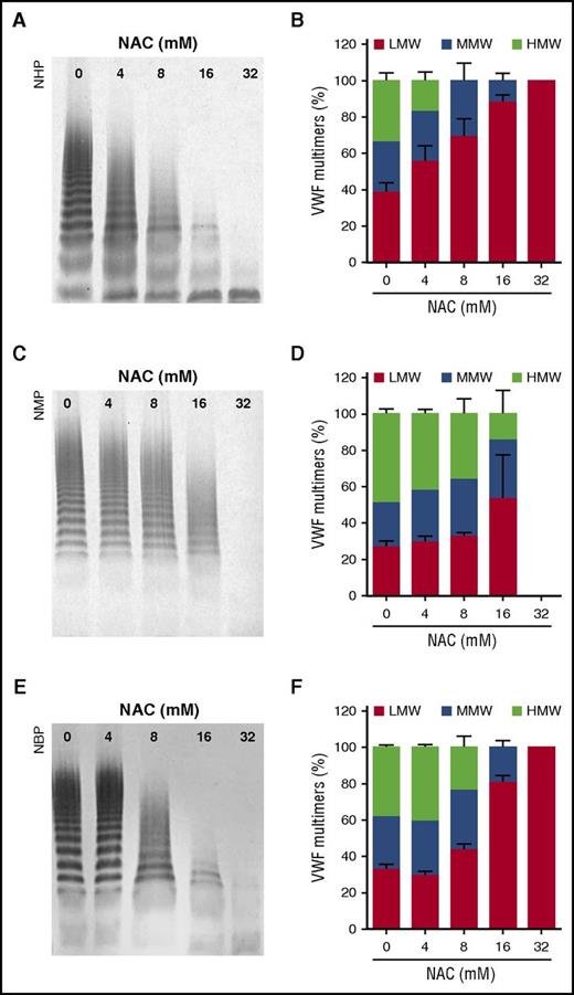 Figure 1. NAC reduces the size and activity of soluble VWF multimers in plasma. NHP, normal mouse plasma (NMP), and normal baboon plasma (NBP) was incubated with NAC, and VWF multimer composition was analyzed in NHP (A), NMP (C), and NBP (E). The percentage of VWF multimers was calculated using densitometric analysis of NHP (B), NMP (D), and NBP (F). The detection limit of the VWF multimer analysis was limited to multimers, and therefore the monomers obtained when incubating NMP with NAC are not visible on the gel. Each bar on the graphs represents the mean and standard deviation from 3 measurements. HMW, high molecular weight; LMW, low molecular weight; MMW, medium molecular weight.