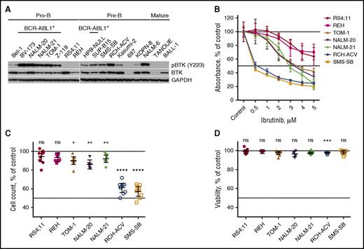 Figure 1. Several subsets of B-ALL cells have activated BTK, but only pre-BCR+ ALL cells are sensitive to ibrutinib. (A) pBTK and total BTK expression in ALL cell lines. (B) Proliferation/viability of different ALL cell lines after ibrutinib treatment as measured by XTT assay. Displayed are the mean with 95% CI from at least 3 independent experiments. (C-D) Comparison of viable cell counts (C) and percentage of viable ALL cells (D) after 96 hours of treatment with 1 µM of ibrutinib. Results were normalized to DMSO-treated controls and are presented as the mean with 95% CI from 3 independent experiments. ns, not significant. *P < .05; **P < .01; ***P < .001; ****P < .0001.