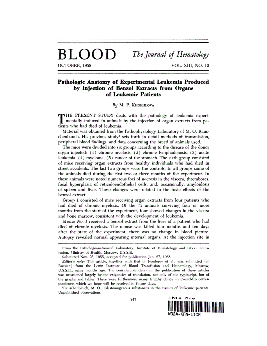 First page of Pathologic Anatomy of Experimental Leukemia Produced by Injection of Benzol Extracts from Organs of Leukemic Patients
