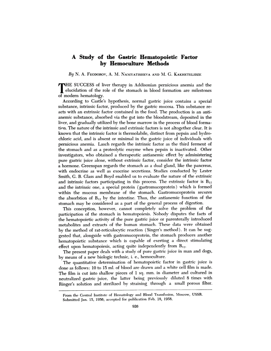 First page of A Study of the Gastric Hematopoietic Factor by Hemoculture Methods