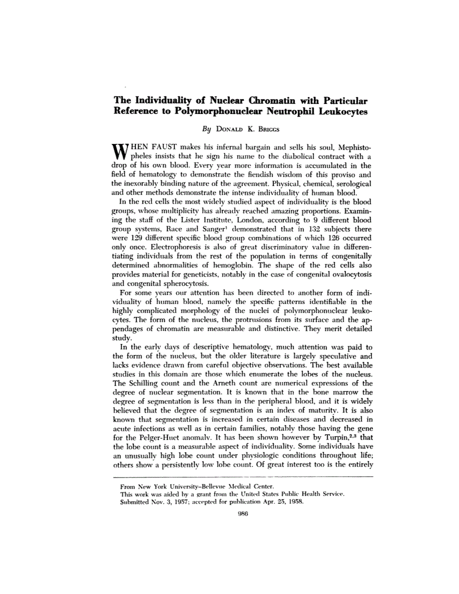 First page of The Individuality of Nuclear Chromatin with Particular Reference to Polymorphonuclear Neutrophil Leukocytes