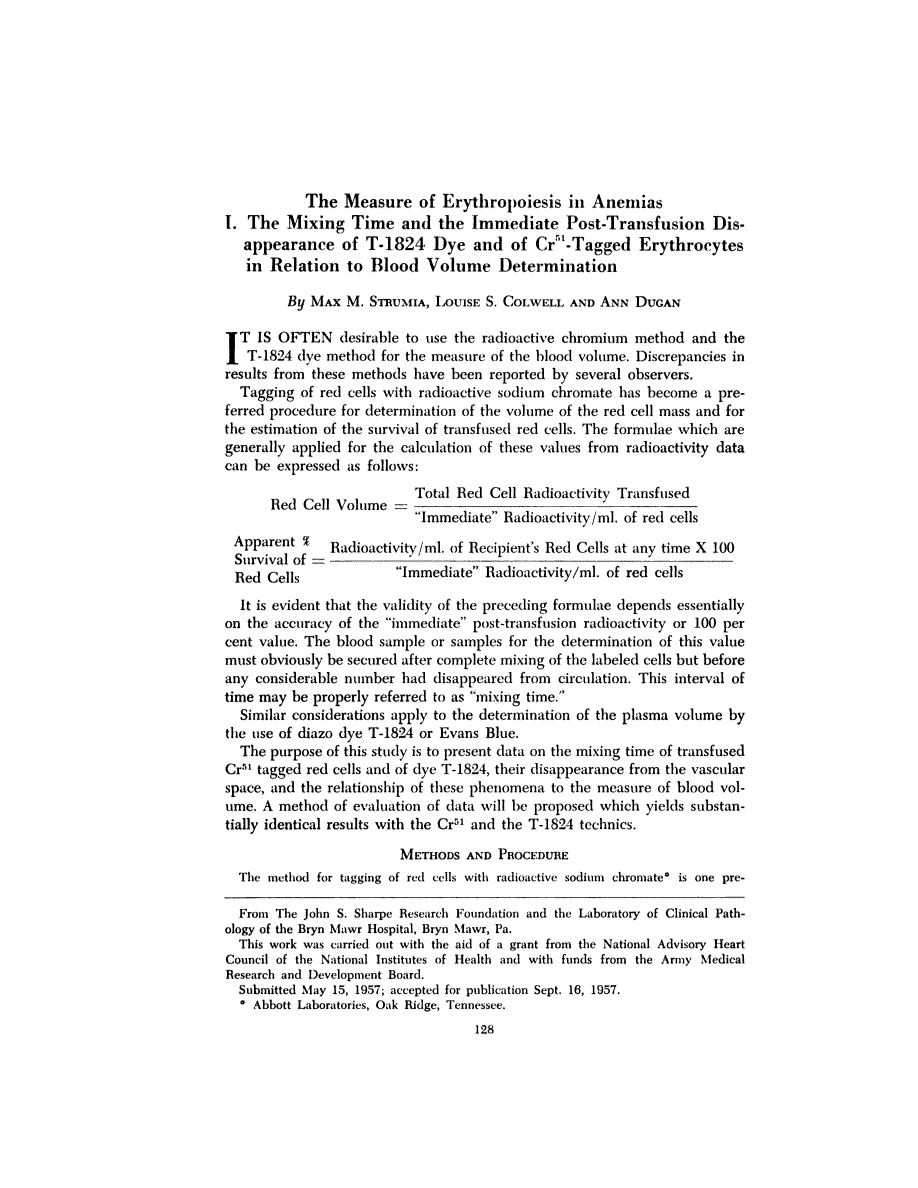First page of The Measure of Erythropoiesis in Anemias I. The Mixing Time and the Immediate Post-Transfusion Disappearance of T-1824 Dye and of Cr<sup>51</sup>-Tagged Erythrocytes in Relation to Blood Volume Determination