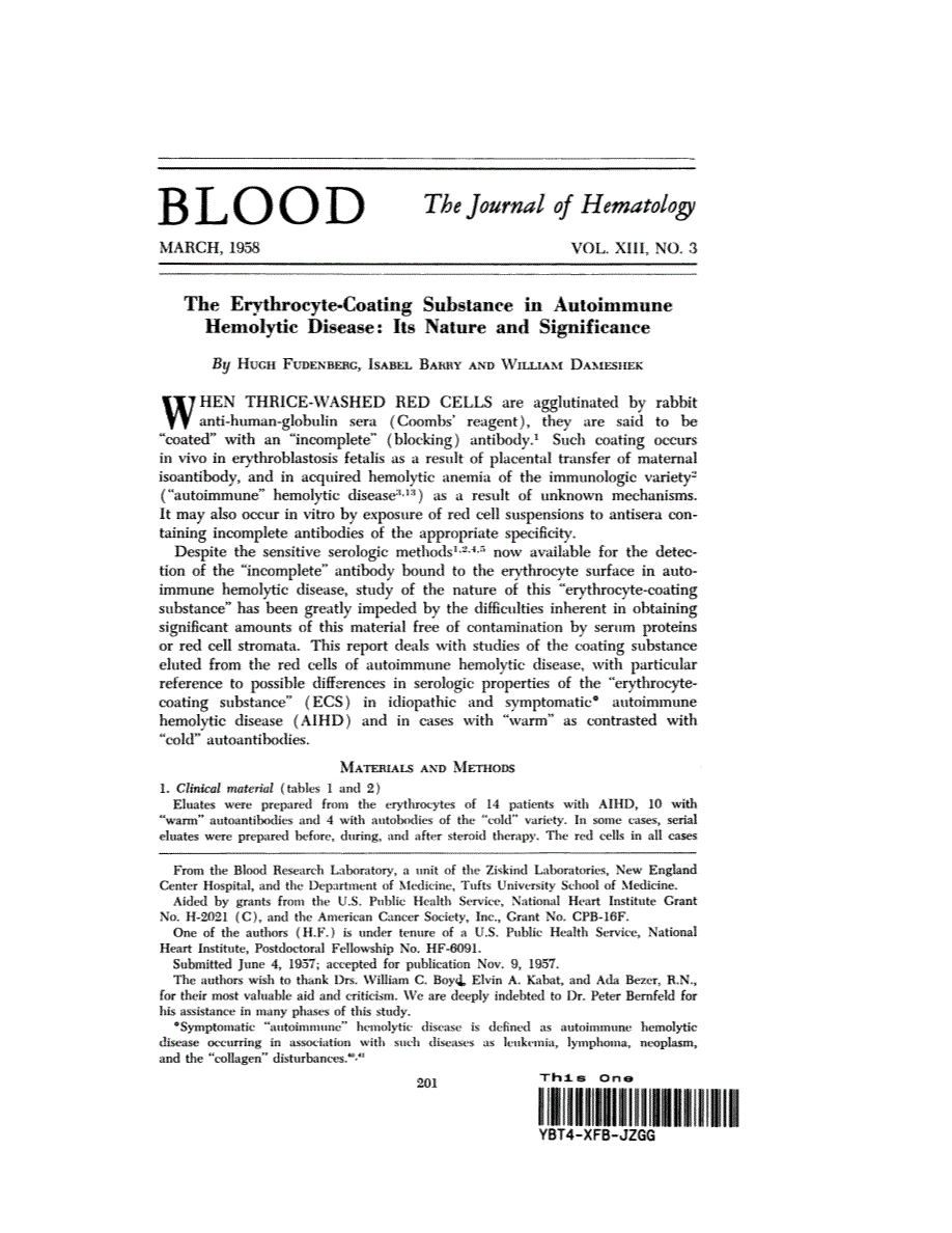 First page of The Erythrocyte-Coating Substance in Autoimmune Hemolytic Disease: Its Nature and Significance