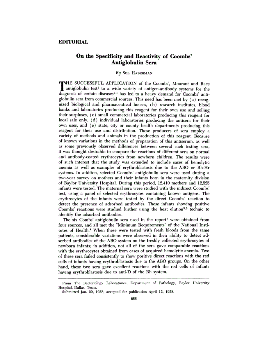 First page of Editorial—On the Specificity and Reactivity of Coombs Antiglobulin Sera
