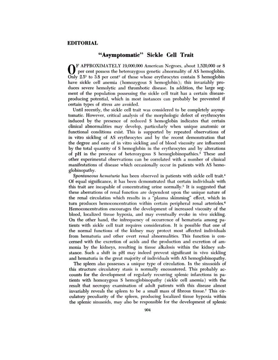 First page of Editorial—"Asymptomatic Sickle" Cell Trait