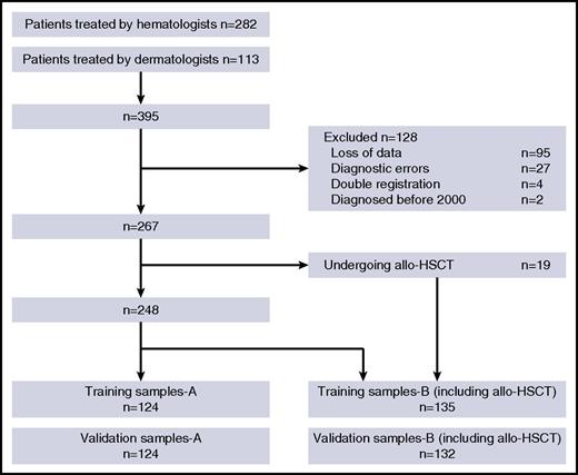 Figure 1. Flowchart of patients included in the analysis. The clinical information of 395 patients with chronic- and smoldering-type ATL were collected (282 from hematologists and 113 from dermatologists). Among these patients, 128 were excluded for the following reasons: 95 for loss of data, 27 for unsatisfied diagnostic criteria of ATL, 4 for double registration resulting from hospital transfer, and 2 for being diagnosed before 2000. First, the remaining patients without those undergoing allo-HSCT were randomly divided into 2 groups: training samples-A and validation samples-A. The patients, including those undergoing allo-HSCT, were subsequently divided into 2 groups: training samples-B and validation samples-B.
