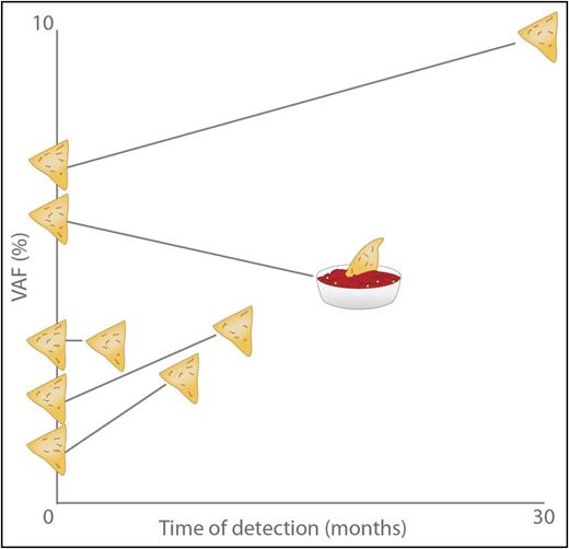 The x-axis represents months from the time of transplantation until detection of clonal hematopoiesis in the patient. The y-axis indicates the variant allele fraction (VAF). The VAF at time 0 is measured from the donor stem cell product. The VAF at later times is from the patient.