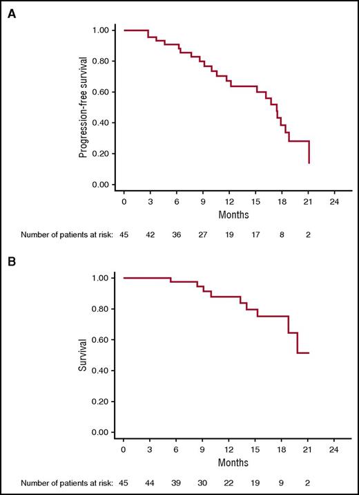 Figure 3. Kaplan-Meier estimates survival. (A) PFS and (B) OS.