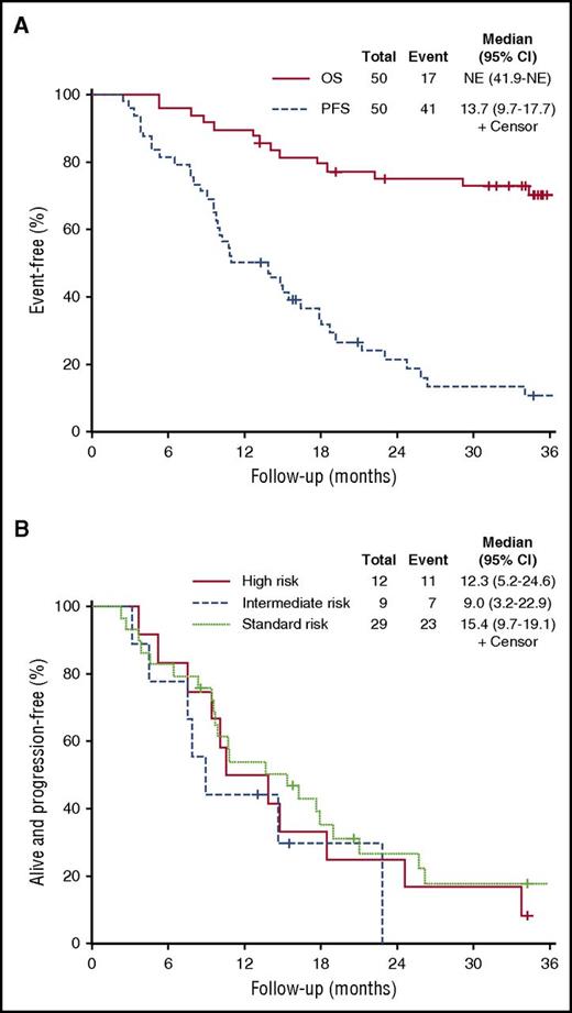 Figure 2. OS and PFS curves. (A) PFS and OS for all patients treated with PVD. NE, not evaluated. (B) PFS by mSMART risk groups.