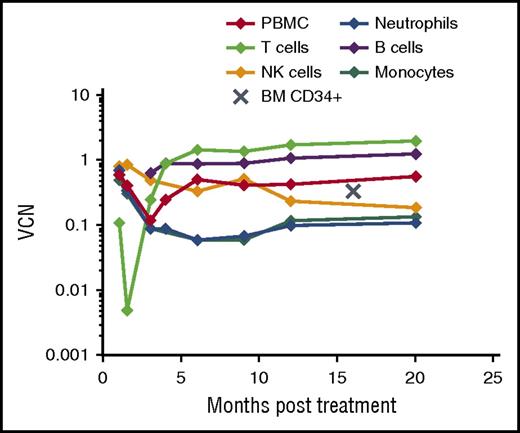 Figure 1. Persistent gene marking post-GT. Longitudinal results of gene marking in peripheral blood and bone marrow after GT as expressed by vector copy number per PBMC, peripheral blood purified cell lineage, or bone marrow–derived CD34+ cell. BM, bone marrow; NK, natural killer; VCN, vector copy number.