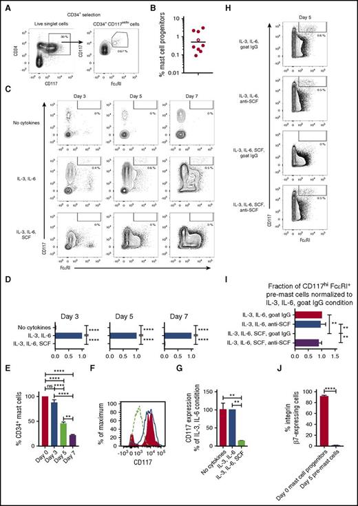Figure 2. SCF is dispensable for mast cell progenitor survival in vitro. CD34+ progenitors were purified from buffy coats from healthy donors and analyzed with flow cytometry. (A-B) The representative gating strategy and the quantification of CD34+CD117int/hiFcεRI+ mast cell progenitors are shown (n = 9). The representative example in panel A is indicated with an open circle. The line in panel B represents the geometric mean. (C-G) CD34-enriched cells were cultured and analyzed by flow cytometry. (D) The fraction of CD117hiFcεRI+ pre–mast cells from panel C was normalized to the combined IL-3 and IL-6 condition for each buffy coat, and the results from 3 buffy coats were pooled. The bars represent the means ± standard error of the mean (SEM). (E) CD34+ progenitors were cultured with IL-3 and IL-6, and the fractions of CD34-expressing cells out of the CD117hiFcεRI+ mast cell population (days 3-7) are shown. The CD34 expression of CD117int/hiFcεRI+ cells is shown as the day 0 control. The bars represent the means ± SEM of 3 buffy coats. (F) The CD117 expression of CD34+ cells was analyzed on day 3. The red histogram indicates the cells cultured without cytokines. The blue line indicates the cells cultured with IL-3 and IL-6. The dashed line indicates the cells cultured with IL-3, IL-6, and SCF. One representative experiment out of 3 is shown. (G) The CD117 expression on CD34+ cells at day 3, shown in panel F, was quantified by calculation of the median fluorescence intensity. The expression level of CD117 is shown as a percentage of the IL-3 and IL-6 condition. The bars represent the means ± SEM of 3 buffy coats. (H-J) CD34+ cells were enriched from buffy coats, cultured, and analyzed by flow cytometry. The medium was supplemented with polyclonal goat IgG or anti-SCF neutralizing antibodies as indicated. (J) The integrin β7 expression was analyzed by flow cytometry before and after culture with IL-3, IL-6, and anti-SCF. The bars in panels I and J represent the means ± SEM of 3 buffy coats. Live singlet cells are shown in the flow cytometric graphs. The statistical analyses in panels D, E, G, and I were performed using 1-way ANOVA with Tukey’s multiple comparisons test. **Adjusted P < .01; ****adjusted P < .0001; ns = not significant. The unpaired 2-tailed Student t test was used for the statistical analysis in panel J. ****P < .0001.
