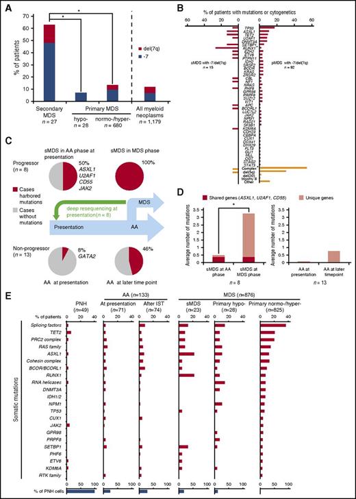 Figure 1. Genotypic and clinical features sMDS and pMDS including those with −7/del(7q). (A) Proportion of −7/del(7q) in sMDS (n = 27) compared with that in pMDS (hypo-MDS, n = 28; normo-/hyper-MDS, n = 680) (*P < .001). Overall, 14% of patients with myeloid neoplasms (n = 1179) showed −7/del(7q). (B) Mutational spectrum in −7/del(7q) patients with sMDS (n = 15) vs pMDS (n = 92) (*P < .01). (C-D) Paired whole exome sequencing or targeted deep sequencing was performed in sMDS, and any somatic mutations were identified in 8 cases. After driver mutations were identified, a custom targeted deep sequencing panel was designed and applied to the corresponding samples obtained at AA presentation. Mutations detected at both time points and fractions of patients in whom mutations were detected are shown. List of the genes affected is provided. Average numbers of mutations were shown in subsequent progressors and nonprogressors (*P = .005). (E) Individual bars represent fractions of cases with specific gene mutations among 49 PNH, 133 AA, and 876 MDS cases (supplemental Table 1; see also supplemental Materials and Methods). Supplemental Table 4 describes the multiamplicon sequencing panel. Significant differences in the distribution of mutations were shown in supplemental Table 5. Mutated genes were grouped according to functional relationships: splicing factors (SF3B1, SRSF2, U2AF1/2, and ZRSR2); RAS family (KRAS, NF1, NRAS, and PTPN11); PRC2 complex genes (EED, EZH2, and SUZ12); cohesin complex genes (RAD21, SMC3, and STAG2); RNA helicases (DDX41, DDX54, and DHX29); and RTK family (CSF1R, FLT3, and KIT). sMDS (post-AA MDS or post-PNH MDS); % of PNH cells defined as ratio of patients with PNH cells (>1%) detected by flow cytometry or with PIGA mutations identified by deep sequencing. There were 12 AA cases in both at presentation (before IST) and after IST cohort. AML, acute myeloid leukemia.