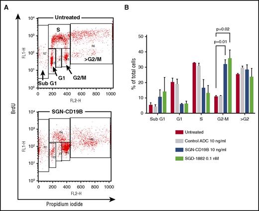Figure 3. SGN-CD19B induces cell cycle arrest. (A) Representative flow cytometry plots for untreated cells (top) and SGN-CD19B-treated cells (bottom). Cells were labeled with BrdU (y-axis) and propidium iodide (x-axis). Gates are indicated with boxes. (B) Cell cycle profile at 48-hour time point. Cells were untreated or incubated with control ADC (10 ng/mL), SGN-CD19B (10 ng/mL), or 0.1 nM PBD. Bar graphs represent results from 3 different experiments. Accumulation of cells in G2/M phase following treatment with SGN-CD19B or free PBD drug (SGD-1882) is statistically significant when compared with untreated and control ADC groups.