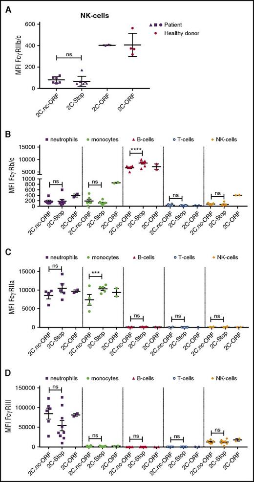 Figure 4. FcγR expression on various cell types in SCD patients. (A) FcγRIIc expression on natural killer (NK) cells of patients expressing FCGR2C.nc-ORF variant (n = 6), FCGR2C-stop variant (n = 7), and FCGR2C-ORF variant (n = 2). In red, NK cells of healthy controls with the FCGR2C-ORF variant (n = 4). (B) FcγRIIb/c expression on neutrophils, monocytes, B cells, T cells, and NK cells on patient cells expressing the FCGR2C.nc-ORF variant (n = 6), FCGR2C-stop variant (n = 8), and FCGR2C-ORF variant (n = 2). (C) FcγRIIa expression on neutrophils, monocytes, B cells, T cells and NK cells on patient cells expressing the FCGR2C.nc-ORF variant (n = 4), FCGR2C-stop variant (n = 5), and FCGR2C-ORF variant (n = 2). (D) FcγRIIIa/b expression on neutrophils, monocytes, B cells, T cells, and NK cells on patient cells expressing the FCGR2C.nc-ORF variant (n = 6), FCGR2C-stop variant (n = 9), and FCGR2C-ORF variant (n = 2). Error bars denote the standard errors of the mean. Stars represent highly significant differences. ***P < .001; ****P < .0001. NK, natural killer; ns, nonsignificant differences.