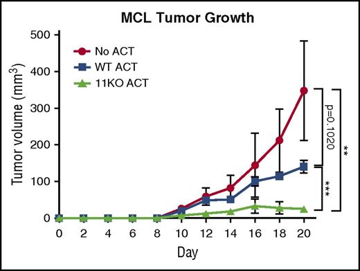 Figure 6. HDAC11KO T cells have enhanced antitumor efficacy in vivo. C57BL/6 mice were subcutaneously injected with 2.2 × 106 FCmuMCL1 cells on day 0. On day 4, 4 mice per group received adoptive transfer of WT T cells (squares), HDAC11KO T cells (triangles), or no adoptive transfer (circles). Group tumor volumes with standard deviations are graphed. Results shown are representative of 2 independent experiments. **P < .01; ***P < .001. ACT, adoptive cell therapy; MCL, mantle-cell lymphoma.