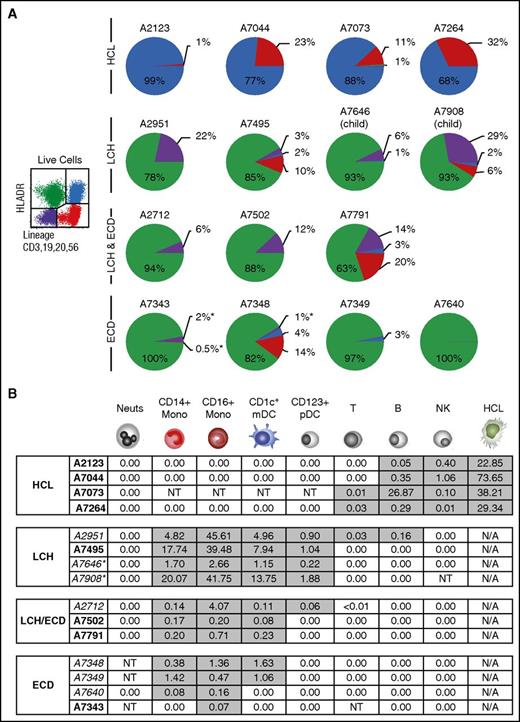 Figure 3. Allele-specific PCR of BRAFV600E in PBMCs. (A) The distribution of BRAFV600E in PBMCs sorted into quadrants as shown according to expression of HLA-DR and lineage. Pie charts summarize the distribution of mutant alleles in HCL, LCH, and ECD. The area of each quadrant in the pie is proportional to the total number of mutant alleles in that quadrant (ie, the percentage positivity of the quadrant multiplied by the number of cells in the quadrant). All patients had active disease at the time of sampling. Two children with LCH included for comparison are indicated. Asterisk indicates the threshold of detection for a negative result where cell numbers were limiting. (B) The distribution BRAFV600E among peripheral blood cells showing the percentage of mutated alleles detected. Gray shading indicates positive fractions. Asterisk indicates child with MS-LCH shown for comparison. All patients had active disease at the time of sampling. Italics indicate those who had received prior treatment. B, B cell; Mono, monocyte; Neuts, neutrophil; NK, natural killer; NT, not tested owing to lack of or insufficient material; pDC, plasmacytoid dendritic cell; T, T cell.