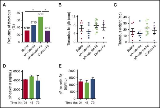 Figure 5. Injecting sP-selectin-Fc, but not sP-selectin, increases the frequency of deep vein thrombi. WT mice were injected intraperitoneally every 24 hours for 3 days (time 0, 24 hours, or 48 hours) with saline, sP-selectin, sP-selectin Fc, or control-Fc. Twenty-two hours after the first injection, the inferior vena cava was ligated to induce thrombosis. After 72 hours (48 hours after ligation), the incidence, size, and weight of thrombi were measured. (A) Frequency of thrombus. For each experimental group, the number of mice forming thrombi relative to the total number of mice is shown. (B) Thrombus length. (C) Thrombus weight. (D-E) Plasma levels of sP-selectin or sP-selectin-Fc at the indicated time after injection. The data represent the mean ± SEM from 10 to 16 experiments in each group. *P < .05.