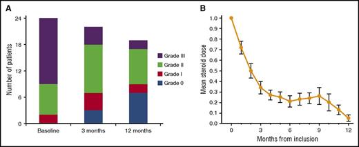 Figure 2. Evolution in cGVHD NIH score and changes in CS dose. (A) cGVHD NIH score at baseline, at 3 months, and at 12 months. (B) Mean dose of prednisone-equivalent CS in milligrams per kilograms per day with standard error of the mean.