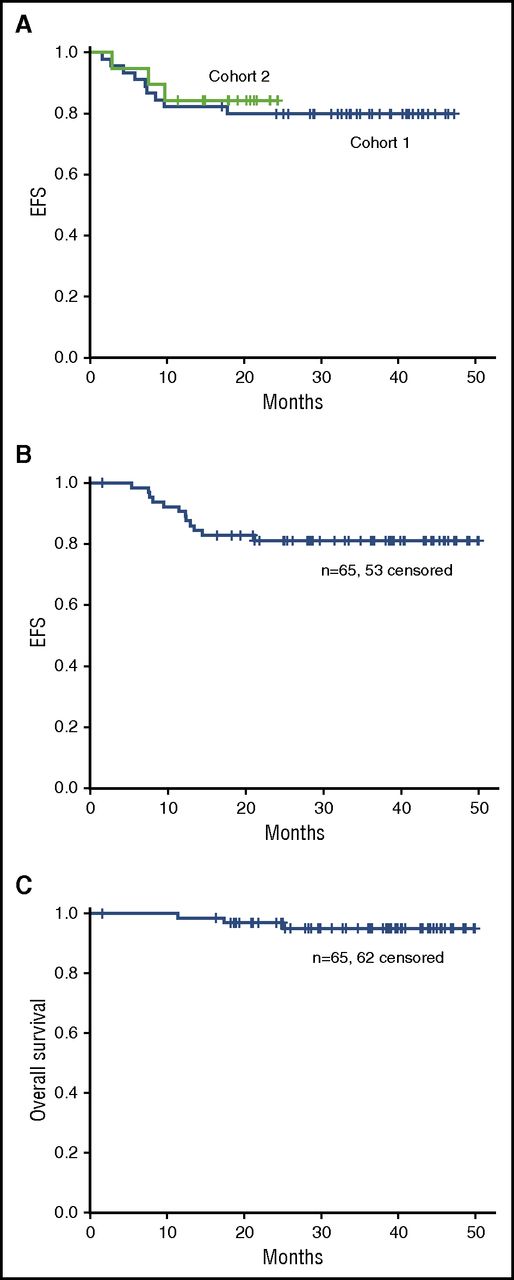Figure 2. Overall outcomes. (A) EFS for cohorts 1 and 2. (B) EFS and (C) OS for cohorts 1 and 2 combined.