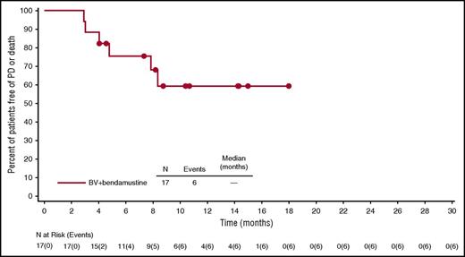 Figure 4. PFS of treatment-naive, elderly patients with HL treated with BV plus bendamustine. PFS was analyzed using Kaplan-Meier methodology. Censored patients are indicated on the graph. Seventeen efficacy-evaluable patients were included in the analysis, and 3 patients were excluded because of a lack of postbaseline response assessments.