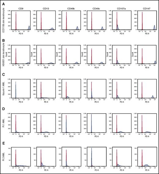 Figure 6. Expression of targeted antigens on different cell types. The expression of the 6 antigens targeted by antibodies was examined by flow cytometry. The expression on 2 skin keratinocyte cell lines (A-B), 1 AML cell line (C), and CD34+ circulation AML cells from 2 patients (D-E) is shown. Red indicates isotype control–PE; blue, anti-antigen–PE. Pt., patient.