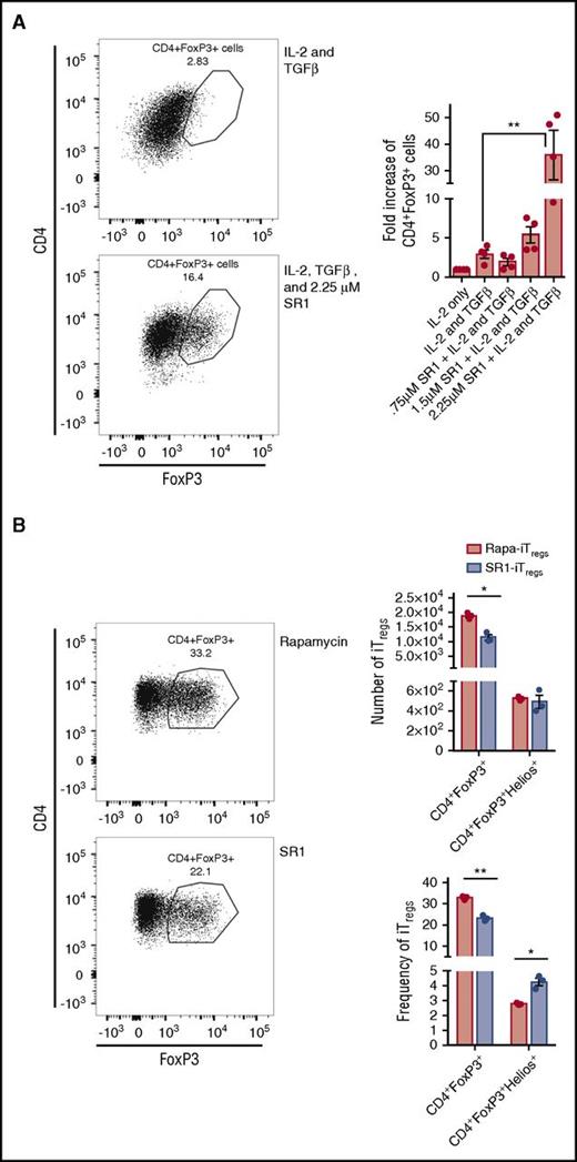 Figure 7. SR1 enhances iTreg generation in vitro. Human CD4+CD45RA+ were cultured with IL-2 alone, IL-2 and TGF-β, or IL-2 and TGF-β along with 0.75 μM, 1.5 μM, or 2.25 μM of SR1 (A) or with 2.25 μM or 109 nM of rapamycin (B). After 14 days of culture, cells were isolated and stained for FoxP3 expression. Flow cytometry histograms are representative images of 2 independent experiments. Graph represents pooled data from the 2 experiments; n = 4 in each group. *P < .05; **P < .001 by Student t test.