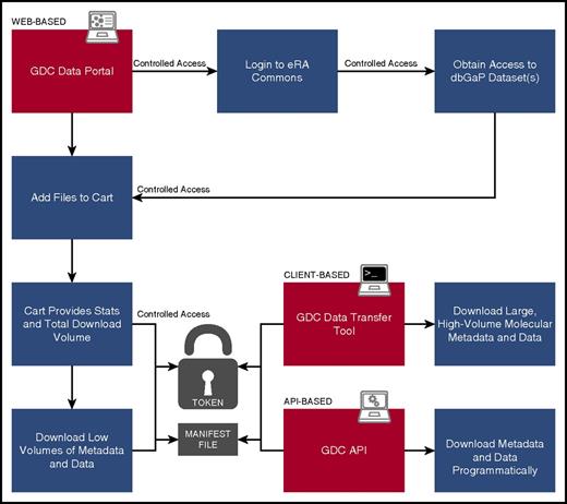 Figure 3. User workflow. Diagram indicating user steps to authenticate and download GDC data. Red panels indicate the 3 means for accessing data: the Web-based Data Portal, the standalone Data Transfer Tools, and the programmatic API. “Token” is a short text file provided to an authenticated user that acts like a password to enable secure transfer of authorized controlled data, such as sequence alignments.