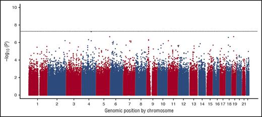 Figure 1. Manhattan plot showing the genome-wide –log10 P values for association of SNPs with vaso-occlusive pain. Only 1 SNP on chromosome 4 (rs3115229) approached genome-wide significance (P = 5.63 × 10−8).