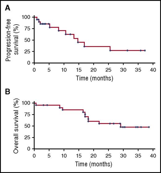 Figure 2. Survival in patients who received ixazomib 4.0 mg (n = 22). (A) PFS; (B) overall survival.