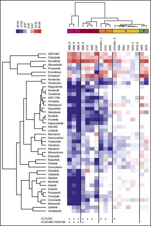 Figure 3. Functional taxonomy of AML patient samples based on differential drug response profiles between stroma-derived CM and standard culture conditions. Unsupervised clustering of the patient samples based on drug sensitivity differences between CM and MCM (deltaDSS) separates the samples into 5 subgroups (A-E). AML samples with a FLT3-ITD (groups A-C) are distinguished from samples without the alteration (groups D-E).