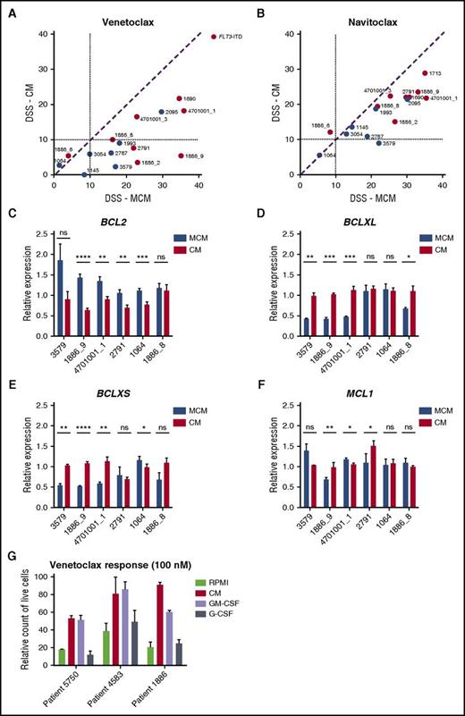 Figure 4. The effect of stroma-based conditions vs MCM on AML cell response to BCL2 inhibitors. (A-B) Samples show decreased sensitivity to BCL2-specific inhibitor venetoclax and to BCL2/BCLXL inhibitor navitoclax in the presence of HS-5 CM. (C-E) CM results in decreased BCL2 expression and induction of BCLXL and BCLXS expression in AML patient cells. (F) No difference in MCL1 expression was detected in the 2 conditions. Bar plots represent the mRNA expression for BCL2 genes after 48 hours of incubation of AML cells (n = 6) in 25% HS-5 CM and MCM medium. Data are normalized against GAPDH expression and error bars represent standard deviation of at least 2 replicates. (G) Flow cytometry analysis showing an amount of live CD45+ AML cells cultured in RPMI, 25% HS-5 CM, or RPMI supplemented with 10 ng/mL GM-CSF or G-CSF after 48 hours of treatment with venetoclax (100 nM). Error bars represent standard deviation of 3 replicates. ns, not significant. *P < .05; **P < .01; ***P < .001; ****P < .0001.