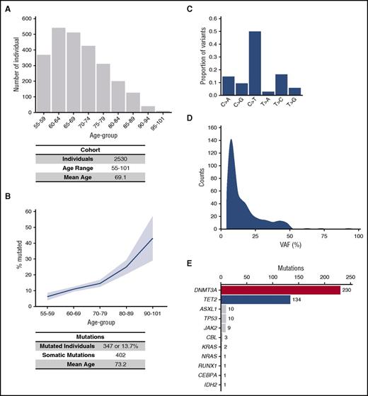 Figure 1. Prevalence and distribution of somatic mutations in aging hematopoiesis. (A) Age distribution of the 2530 women of the cohort. (B) Prevalence of somatic mutation in the 347 mutated individuals of the cohort; the pale blue shade represents 95% confidence interval. (C) Distribution of the types of single-nucleotide substitutions observed in somatic variants of the cohort. (D) Allelic fraction distribution of the 402 somatic mutations observed. (E) Contribution of individual genes to the total number of observed somatic mutations. VAF, variant allele fraction.