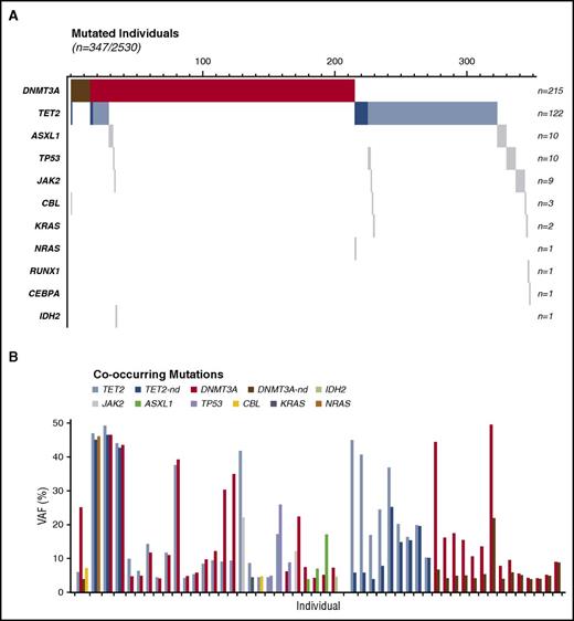 Figure 2. Cooccurring mutations distribution and VAF. (A) Cooccurrence of the 402 somatic mutations observed in the 347 mutated individuals of the cohort. Darker shade represents double mutation in the same gene. (B) VAF of all 50 individuals with cooccurring mutations including individuals harboring double mutation in TET2 or DNMT3A.