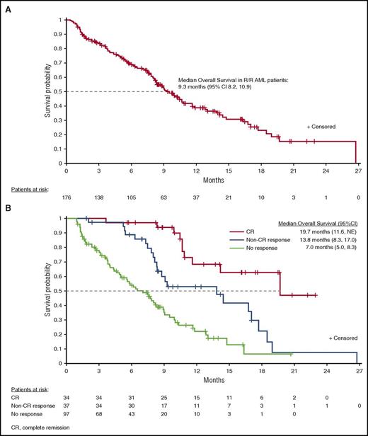 Figure 4. Overall survival. (A) Overall survival among all patients with relapsed/refractory (R/R) AML. (B) Overall survival among patients with relapsed/refractory AML in complete remission (CR), patients with a non-CR hematologic response, or no response. NE, not evaluated.