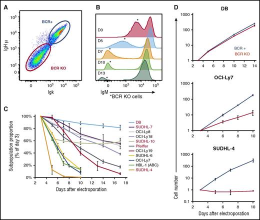 Figure 1. CRISPR/Cas9 targeting of immunoglobulin genes eliminates BCR surface expression and reduces proliferation of GCB-DLBCL lines. (A) Surface levels of IgM and Igκ of OCI-Ly19 cells, measured by flow cytometry (FCM) 5 days after electroporation with a Cas9/gRNA plasmid targeting their IgH HVR. (B) Histogram of IgM surface levels in OCI-Ly19 cells over time (D = days after electroporation), indicating the proportion and BCR surface level of BCR-KO cells (*). (C) Proportion over time of BCR-KO cells (made by IgH targeting) in DLBCL lines, normalized to the initial value determined 3 days after electroporation. Cell lines with names in black express IgM; those in red, an IgG isotype. (D) Absolute growth curves for BCR-replete and BCR-KO cells of representative GCB-DLBCL lines, relative to the starting point 3 days after electroporation. Panels C and D display the mean of results from 3 biological replicates, each using a different IgH-targeting gRNA, with error bars showing ± standard deviation (SD).