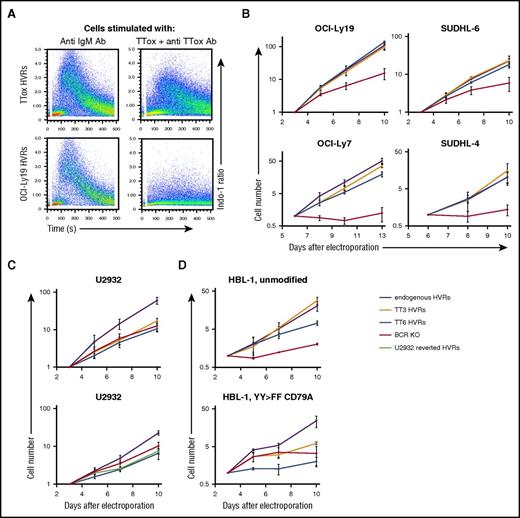 Figure 4. Dual HVR replacement selectively affects BCR signaling in ABC-DLBCL lines. (A) Calcium flux in response to BCR stimulation in OCI-Ly19 cells with endogenous or TTox-reactive HVRs. BCR cross-linking with anti-IgM triggers calcium flux for both HVR types, but only cells with TTox-reactive HVRs respond to TTox. (B) Absolute growth curves after HVR replacement or BCR KO in GCB-DLBCL lines, relative to the starting point 3 days (SUDHL-6 and OCI-Ly19) or 6 days (OCI-Ly7 and SUDHL-4) after electroporation. Effects of HVR replacement are similar for endogenous (WT) and TTox-reactive HVRs. (C) Absolute growth curves after HVR replacement or BCR KO in PTEN-deficient ABC-DLBCL line U2932. Growth reduction by HVR replacement with TTox-reactive HVRs (upper panel) or U2932 reverted HVRs in a separate experiment (lower panel) is similar to that of BCR KO. (D) Absolute growth curves after HVR replacement or BCR KO in PTEN-expressing ABC-DLBCL line HBL-1. Growth reduction by HVR replacement with TTox-reactive HVRs is less than that of BCR KO (upper panel) in otherwise unmodified HBL-1 cells, but similar to that of BCR KO in HBL-1 cells in which CD79A ITAM tyrosines have been mutated (lower panel). Panels B-D show the mean ± SD from 3 biological replicates.