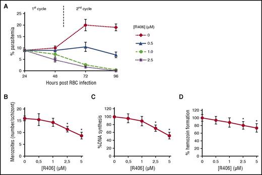 Figure 3. Effect of Syk inhibitors on P falciparum intraerythrocytic growth cycle. (A) Parasitemia during the course of 2 growth cycles; R406 was added at 14 to 20 hours postinfection. (B) Number of merozoites per schizont measured at 48 hours postinfection. Data are the average of 7 experiments ± SD. (C) DNA synthetic activity measured at 42 to 48 hours postinfection using the untreated cells as a reference (% DNA synthesis). (D) The amount of hemozoin produced by the parasite during maturation from ring to late trophozoite/schizont stage in the infected RBCs in the presence of R406 and in untreated parasites. Hemozoin was quantified in terms of heme content and is expressed as mean hemozoin-heme per infected RBCs. Data are the average ± SD of 4 independent experiments. * Significant differences to untreated control parasites at P < .05.