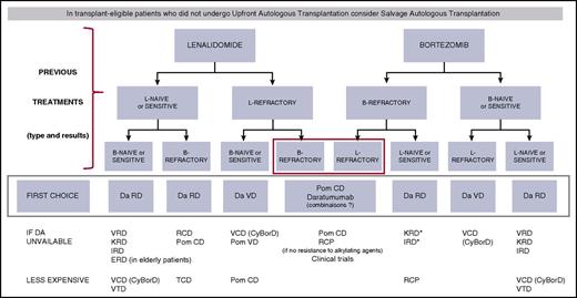 Figure 1. Treatment algorithm for first relapse of MM in fit patients. *Mostly if intolerant to bortezomib. B or Bort or V, bortezomib; C or Cy, cyclophosphamide; D, dexamethasone; Da, daratumumab; E, elotuzumab; I, ixazomib; K, carfilzomib; L or R, lenalidomide; P, prednisone; Pom, pomalidomide; T, thalidomide.