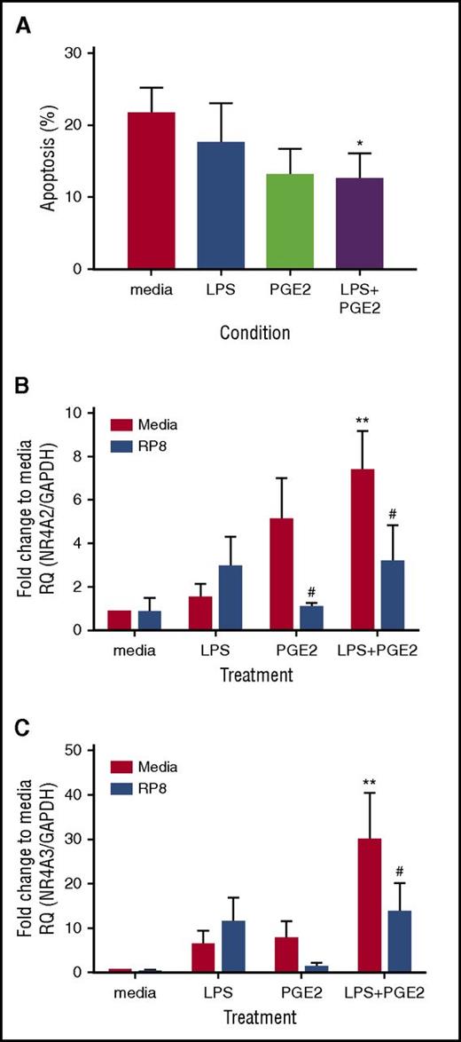 Figure 5. PGE2 promotes neutrophil survival and increases NR4A2/3 mRNA transcripts in the presence of LPS. Ultrapurified neutrophils were treated with 1 ng/mL LPS, 10 μM PGE2, or both LPS and PGE2 together for 18 hours. (A) Apoptosis was measured by light microscopy; data are expressed as means ± SEMs (n = 4). In parallel experiments, neutrophils were pretreated for 15 minutes with 0.7 mM Rp-8-Br-cAMPs (blue bars) or media (red bars) before the addition of LPS, PGE2, or both together, at the concentrations stated above for a further 4 hours. (B) NR4A2 and (C) NR4A3 expression was measured by qPCR. Charts show the fold change from media control, where NR4A expression was normalized to the GAPDH loading control; data are from 5 independent experiments. Statistical analysis was performed by 2-way ANOVA with Sidak’s posttests. Asterisks denote significant differences to the relevant media control. Pound symbols indicate differences between control and Rp-8-Br-cAMPS–treated conditions. Results were considered statistically significant at *,#P < .05 and **P < .01.