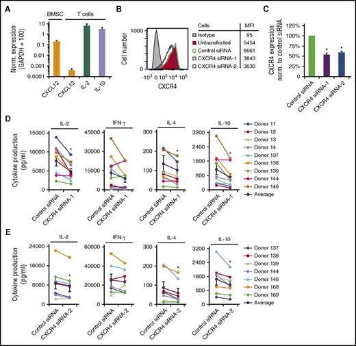 Figure 1. CXCR4 is required for TCR-initiated production of IL-2, IL-4, and IL-10. (A) Purified, human PBMC T cells were stimulated with 1 μg/mL plate-bound OKT3 and soluble CD28, cultured for 24 hours, and harvested for analysis via qRT-PCR for CXCL12 mRNA transcript levels. A human bone marrow mesenchymal stromal stem cell line (BMSC) was used as a positive control for CXCL12 expression. The results shown are normalized to the reference gene GAPDH, where GAPDH is set to 100. Each point denotes the mean mRNA transcript level ± standard deviation (SD) for 5 independent donors (n = 2 for BMSC samples). (B-E) Human PBMC T cells were purified, transfected with either control siRNA, a pool of CXCR4 siRNAs (CXCR4 siRNA-1) or CXCR4 siRNA-2 (single siRNA), and cultured for 24 hours. (B-C) CXCR4 cell surface levels were assayed via flow cytometry. Mean fluorescent intensities (MFI) are shown for a representative experiment. (C) Summarizes the results with each bar denoting the mean ± standard error of the mean (SEM). *Significantly different from control siRNA-transfected cells (P < .05; n = 7-9). (D-E) Twenty-four hours after transfection, cells were stimulated as in panel A, then cultured for an additional 24 hours prior to harvest of supernatants for cytokine analysis. Results from 7 to 9 donors, with the black line denoting the average of all donors tested ± SEM. *Significant difference compared with control siRNA-transfected cells (P < .05).