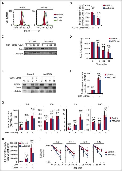 Figure 4. AMD3100 inhibits cytokine mRNA stability without altering TCR-initiated ERK-, NF-κB–, or NFAT-signaling pathways. (A-G) PBMC T cells were pretreated with AMD3100 for 1 hour and stimulated as indicated. (A-D) T cells were stimulated with 1 μg/mL biotinylated OKT3 crosslinked with avidin and soluble CD28 for the indicated time. (A) Representative results of ERK activation assayed by flow cytometry. (B) Summary of results in panel A; each bar denotes the mean fold increase of ERK activation over unstimulated cells, ± SEM (n = 4). (C) Representative results of cellular lysates that were isolated and blotted for IκBα degradation. (D) Summary of results in panel C; each bar denotes the mean percentage of IκBα remaining after stimulation compared with unstimulated cells (n = 3). (E-I) Cells were stimulated with CD3 + CD28 as in Figure 1. (E) Representative results of subcellular fractions isolated after 6 hours of CD3 + CD28 stimulation and immunoblotted for NFATc1. (F) Summary of panel E; each bar denotes mean fold increase in NFAT nuclear localization after stimulation compared with unstimulated cells (n = 3). (G) After stimulation with CD3 + CD28 for the indicated time, the cells were harvested for analysis via qRT-PCR for the indicated mRNA transcript levels. The results shown are normalized to the reference gene GAPDH, where GAPDH is set to 100. Each point denotes the mean mRNA transcript level ± SEM for 4 independent donors. (H) Jurkat T cells were transfected with an IL-2 promoter luciferase reporter construct, incubated for 16 to 18 hours, treated with 60 μM AMD3100 for 1 hour, stimulated as in Figure 1 for 16 hours, and assayed for luciferase activity. Representative experiment is shown. Each bar denotes the mean relative light units, ± SD (n = 4; P > .05) (unpaired Student t test). (I) PBMC T cells were pretreated with AMD3100 for 1 hour and stimulated as in Figure 1 for 5.5 hours prior to addition of actinomycin D. mRNA levels were assayed via qRT-PCR following actinomycin D treatment for the indicated times. Each point denotes the mean percentage of mRNA remaining ± SEM. *Significantly different from control cells (n = 3-4). C, cytoplasmic; N, nuclear; N.S., no significant difference (P > .05).