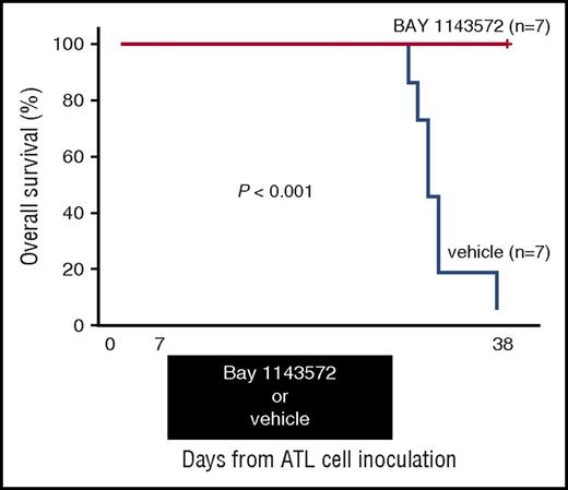 Figure 6. Kaplan-Meier survival curves of ATL cell–bearing NOG mice treated with BAY 1143572 or vehicle. Mice were treated by oral application of 12.5 mg/kg BAY 1143572 or vehicle (n = 7 for both), once daily for 21 days (7-27 days after ATL cell inoculations). The difference between the BAY 1143572 and vehicle-treated mice was statistically significant (P < .001).