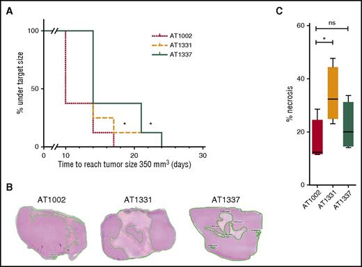 Figure 5. U5 snRNP200 complex antibodies delay tumor growth and can induce tumor necrosis in vivo. (A) Severe combined immunodeficient mice with THP-1 growing as a solid tumor under the skin were treated with cytotoxic AML-specific antibodies rAT1331 or rAT1337 or with an isotype control (AT1002). Treatment started when the tumors had a size of 100 mm3. Further tumor growth to a size of 350 mm3 was significantly delayed in mice treated with cytotoxic AML antibodies. (B) Mice were euthanized after 25 days, 8 days after the last antibody injection. Three representative hematoxylin and eosin stains of paraffin-embedded THP-1 tumors, 1 of each group, are shown. (C) Of each tumor, the area of necrosis was calculated as percentage of the total surface. Although total tumor sizes no longer differed between groups after 25 days, tumors from rAT1331-treated mice had significantly more necrotic tissue.