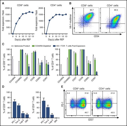 Figure 6. Evaluation of clinical-scale iC9-HA-1TCR2-RQR-CD8–transduced T cells. Evaluation of iC9-HA-1TCR2-RQR-CD8–transduced (transduced) CD8+ (left) and CD4+ (right) T cells. (A) Growth of transduced T cells. (B) HA-1 TCR multimer binding and CD34 expression on transduced T cells by flow cytometry with HA-1/HLA-A2 multimer staining. (C) Expression of costimulatory and homing molecules on T cells at the time of the apheresis (gray), after CD45RA depletion (light green), and after transduction and expansion (blue) (n = 5). (D-E) Expression of “exhaustion” markers on HA-1 TCR CD8+ and CD4+ in the final cell product (n = 3) (D) and a representative example (E).