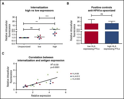 Figure 6. Opsonization of PLTs with low HLA-B8, -B12, or -B35 expression does not lead to antibody-mediated internalization by macrophages. PLTs with low (n = 7), intermediate (n = 4), or high (n = 9) HLA-B8, -B12, or -B35 expression were left unopsonized or opsonized with anti-HLA-B8, anti-HLA-B12, or anti-HLA-B35, and internalization by macrophages was determined (A). Positive controls were opsonized with anti-HPA1a (B). Antibody-mediated internalization was correlated with antigen expression using a Pearson correlation test (C). Intracellular fluorescence was normalized against unopsonized PLTs from the same individual and presented as mean (A,C) or mean ± SEM (B). Statistical differences in internalization were determined using a Wilcoxon matched-pair test (A, unopsonized vs low/high) or Mann-Whitney U test (A, high vs low; B). Statistical significance is depicted as **P < .01, ***P < .001.