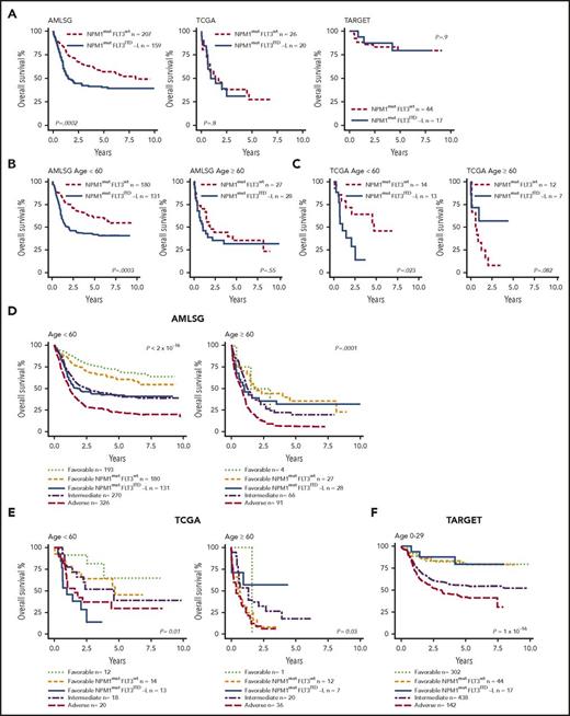 Figure 2. Impact of FLT3ITD-L and age in NPM1-mutated AML on OS and relapse-free survival in ELN 2017 favorable-risk patients. (A) In the AMLSG cohort, there was a significant difference in survival between NPM1mutFLT3wt patients vs NPM1mutFLT3ITD-L patients (AR < 0.5). This difference is not seen in the TCGA and TARGET cohorts. The AMLSG (B) and TCGA (C) cohorts were stratified by age. Younger (<60 years) patients with NPM1mutFLT3ITD-L had outcomes inferior to NPM1mutFLT3wt patients in both cohorts. In older (≥60 years) patients in both cohorts, NPM1mutFLT3wt appeared to lose its favorable influence, with both groups having similarly poor outcomes. (D) Comparison of ELN 2017 favorable NPM1mut FLT3ITD-L patients with other ELN 2017 risk groups in the AMLSG cohorts. NPM1mutFLT3ITD-L patients <60 years showed an increased risk of death compared with other favorably classified patients (P = 8.7 × 10−8; HR, 2.5; 95% CI, 1.8-3.5), whereas there was no difference compared with the intermediate risk group (P = .76). NPM1mutFLT3wt patients showed no difference from other favorably classified patients (P = .07), but a significantly decreased risk compared with the intermediate risk group (P = 8.8 × 10−5; HR, 0.6; 95% CI, .4-.8). In patients ≥60 years, no statistical difference was observed between favorable, intermediate, NPM1mutFLT3wt, and NPM1mutFLT3ITD subgroups. (E) Similar trends were observed for the TCGA cohort in patients <60 years, with NPM1mutFLT3ITD-L patients having a significantly poorer survival compared with the favorable (P = .004; HR = 6.9; 95% CI, 1.9-25.7) and intermediate groups (P = .03; HR, 2.8; 95% CI, 1.1-7). In this cohort, survival of NPM1mutFLT3wt patients was not statistically different to favorable (P = .3) or intermediate risk groups (P = .8). In patients ≥60 years, there were also no significant differences between the favorable, intermediate, and NPM1mutFLT3wt and NPM1mutFLT3ITD-L subgroups. (F) Conversely, in the TARGET pediatric cohort, NPM1mutFLT3wt (P = .98) and NPM1mutFLT3ITD-L (P = .87) patients had similar survival to other favorably classified patients. Although the NPM1mutFLT3wt group had a significantly decreased risk of death compared with intermediate-classified patients (P = .006; HR, 0.37; 95% CI, 0.28-0.5), the difference between the intermediate and NPM1mutFLT3ITD-L groups did not reach significance (P = .06). All P values displayed in the graphs are the result of a log rank test statistic to assess the global statistical significance of the model.