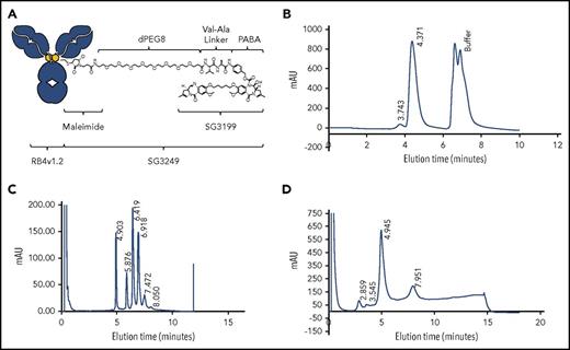 Figure 1. Characterization of ADCT-402. (A) Structure of ADCT-402. (B) ADCT-402 characterized by size exclusion chromatography. (C) Reduced reverse phase liquid chromatography depicting reduced heavy and light chains of ADCT-402. (D) Hydrophobic interaction chromatography depicting drug–antibody ratio forms of ADCT-402.