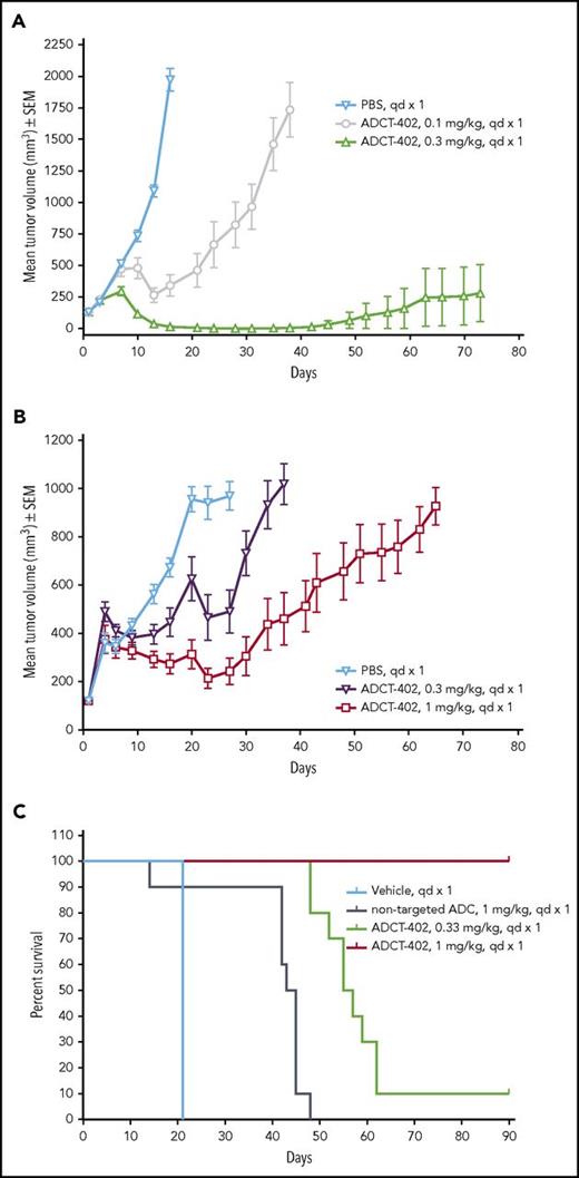 Figure 5. Antitumor activity of ADCT-402 in a range of tumor models. (A) In vivo antitumor activity of ADCT-402 in SC implanted CD19-expressing Burkitt lymphoma-derived Daudi xenograft model. ADCT-402 was administered IV at a group mean tumor volume of 130 mm3 as a single dose at 0.1 or 0.3 mg/kg. (B) In vivo antitumor activity of ADCT-402 in SC implanted CD19-expressing diffuse large B-cell lymphoma-derived WSU-DLCL2 xenograft model. ADCT-402 was administered IV at a group mean tumor volume of 120 mm3 as a single dose at 0.3 or 1 mg/kg. (A-B) Mean ± SEM from animal group sizes of 10 mice. (C) In vivo antitumor activity of ADCT-402 in a disseminated CD19-expressing ALL-derived NALM-6 model. Kaplan-Meier survival plots show percentage of animal survival over 90 days in an experiment in which ADCT-402 was administered at a single dose of 0.33 or 1 mg/kg in comparison with vehicle or nontargeting ADC administered as a single dose of 1 mg/kg (each group, n = 10).
